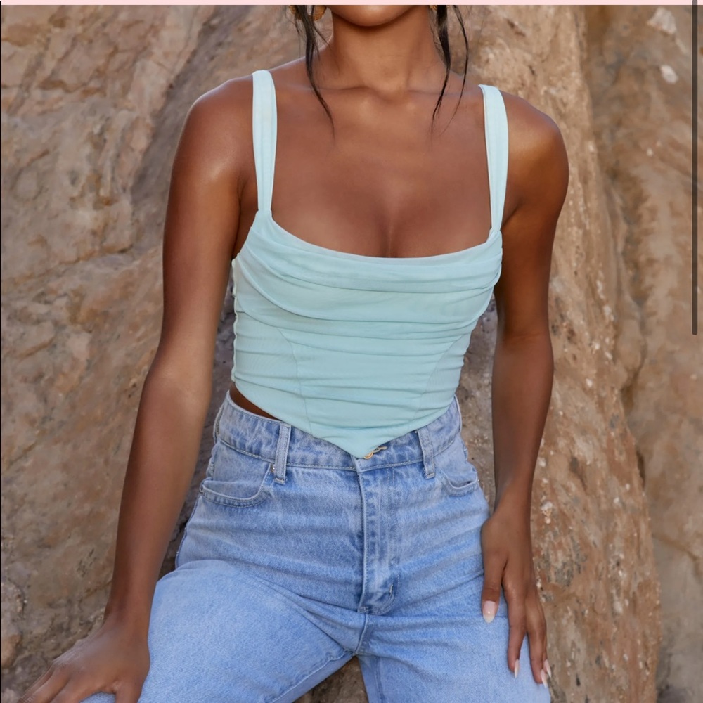 Oh Polly- Cowl Neck Mesh Crop top in Aqua